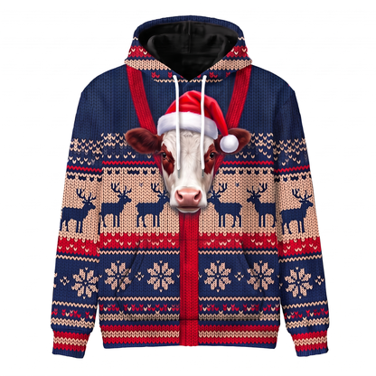 Hereford Cow Christmas Hoodie | Funny Santa Cow Faux-Knit Print Hoodie | Farm Animal Christmas Gift