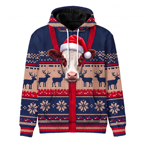 Hereford Cow Christmas Hoodie | Funny Santa Cow Faux-Knit Print Hoodie | Farm Animal Christmas Gift