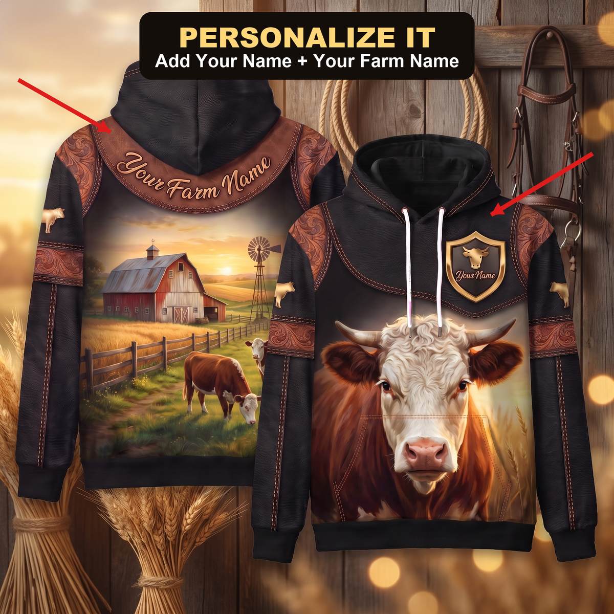 3D Print Hereford Cattle Ranch Hoodie (Faux Leather Design) - Custom Name & Farm Name Western Style Hoodie