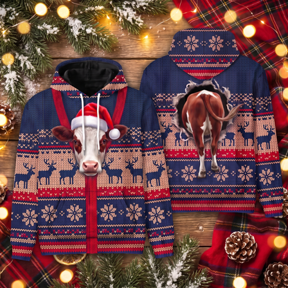 Hereford Cow Christmas Hoodie | Funny Santa Cow Faux-Knit Print Hoodie | Farm Animal Christmas Gift