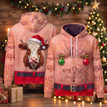 Funny Santa Hereford Cattle Hairy Belly Hoodie - Custom Name Cow Christmas Hoodie