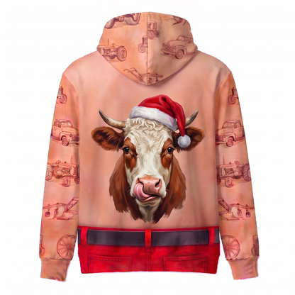 Funny Santa Hereford Cattle Hairy Belly Hoodie - Custom Name Cow Christmas Hoodie