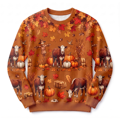 Hereford Cattle Harvest Waffle-Knit Crewneck Sweatshirt – Autumn Pumpkin Patch All-Over Print, Farm Cattle Fall Sweater for Women