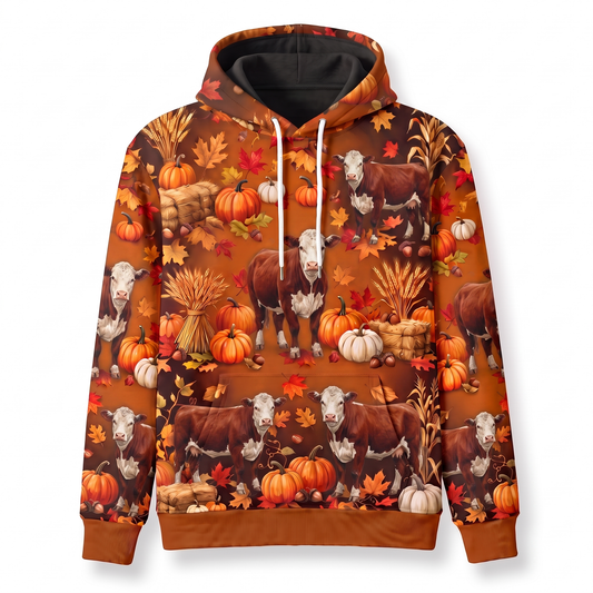 Hereford Cattle Harvest Hoodie – Autumn Pumpkin Patch All-Over Print Pullover, Farm Cattle Fall Hoodie for Farm Lovers, Unisex