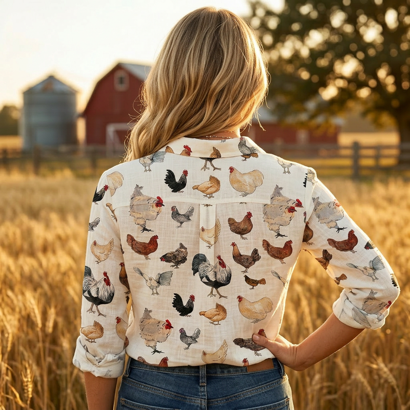 Farm Girl Linen-Look Shirt – Chicken & Rooster Print Blouse