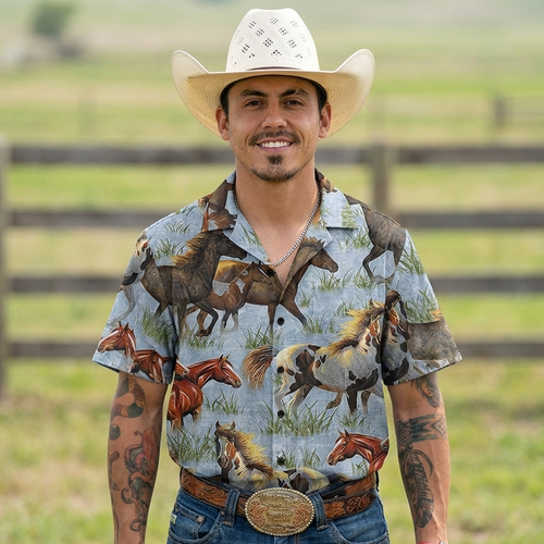 Western Horse Chest Pocket Short Sleeve Casual Hawaiian Shirt