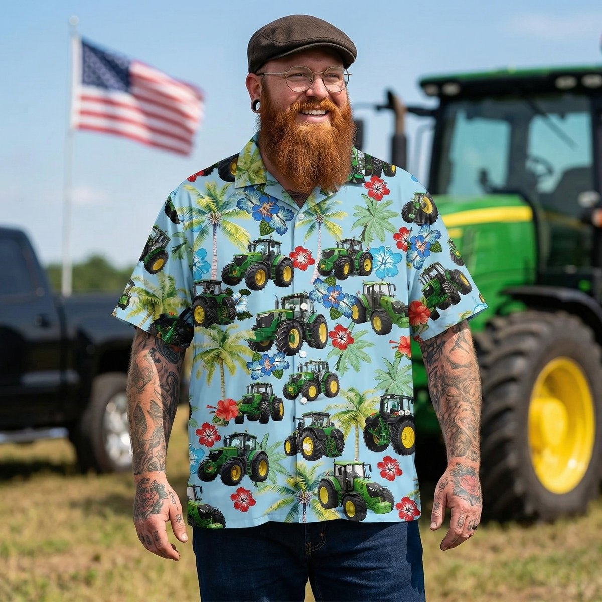 Green Tractor Hawaiian Shirt – Farm Tractor Tropical Hibiscus Palm Tree Aloha Button Down | Farmer Gift