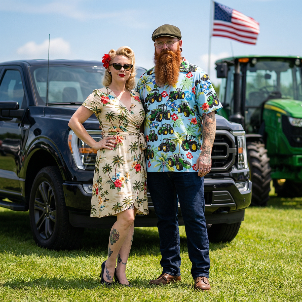 Green Tractor Hawaiian Shirt – Farm Tractor Tropical Hibiscus Palm Tree Aloha Button Down | Farmer Gift
