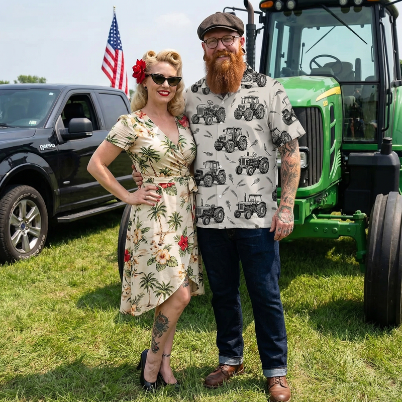 Vintage Tractor Hawaiian Shirt – Black White Sketch Farm Tractor Wheat Pattern Aloha | Tractor Lover Gift