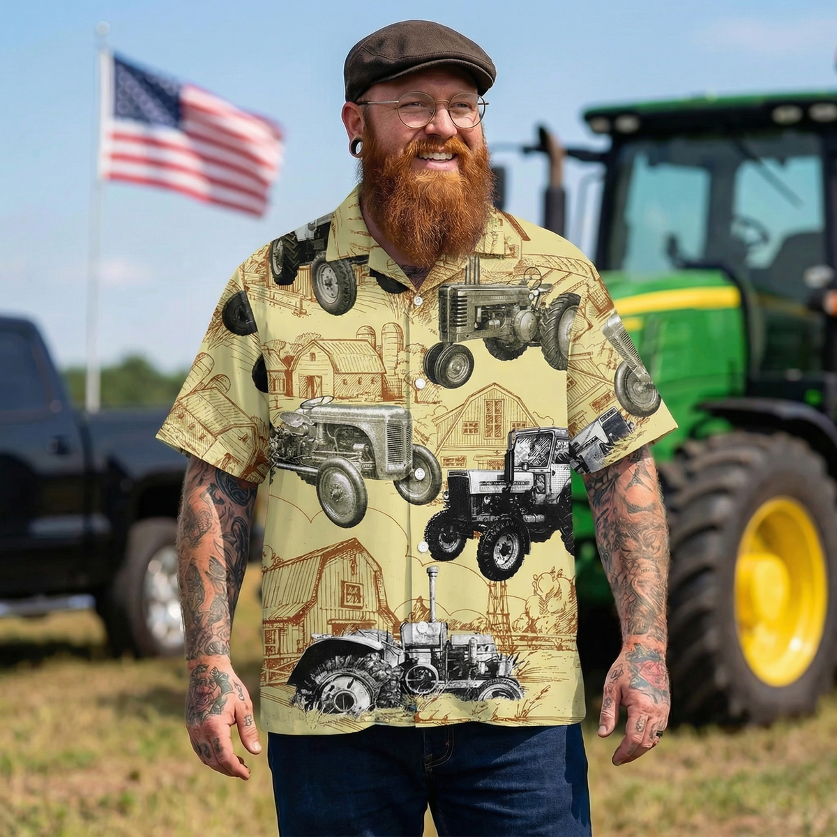 Vintage Farm Tractor Hawaiian Shirt – Retro Farm Scene Barn Tractor All Over Print Aloha | Farmer Dad Gift