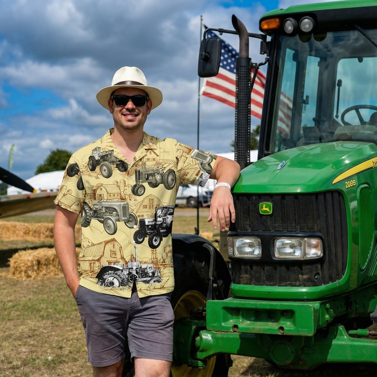 Vintage Farm Tractor Hawaiian Shirt – Retro Farm Scene Barn Tractor All Over Print Aloha | Farmer Dad Gift