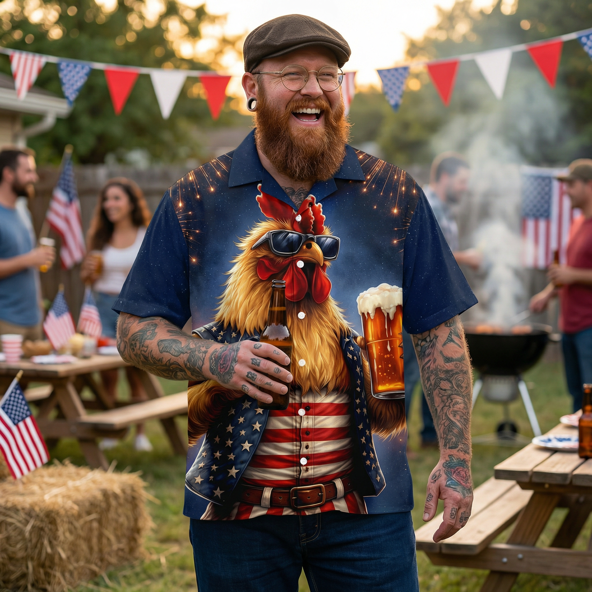 Rooster Beer Hawaiian Shirt – Patriotic Rooster Drinking Beer American Flag Aloha | 4th of July Gift For Men