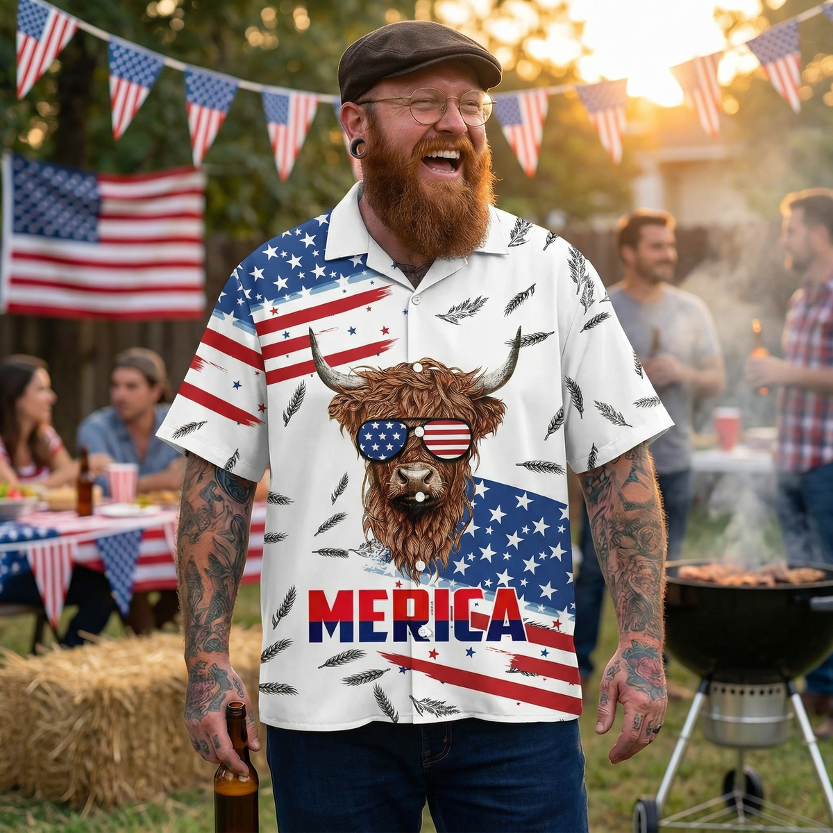 Merica Highland Cow Hawaiian Shirt – Patriotic Highland Cow Sunglasses American Flag Aloha | 4th of July Gift