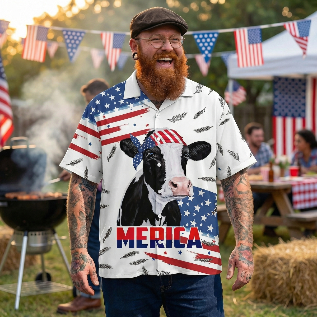 Merica Cow Hawaiian Shirt – Patriotic American Flag Holstein Cow Aloha | 4th of July Farmer Gift