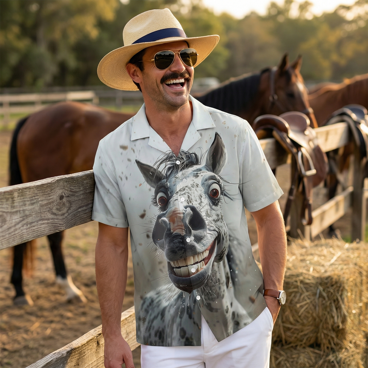 Fun Avant-garde Horse Art Exaggerated Painting Chest Pocket Hawaiian Shirt