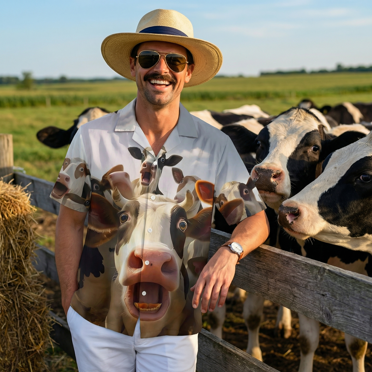 Fun Headshot Cow Chest Pocket Hawaiian Shirt