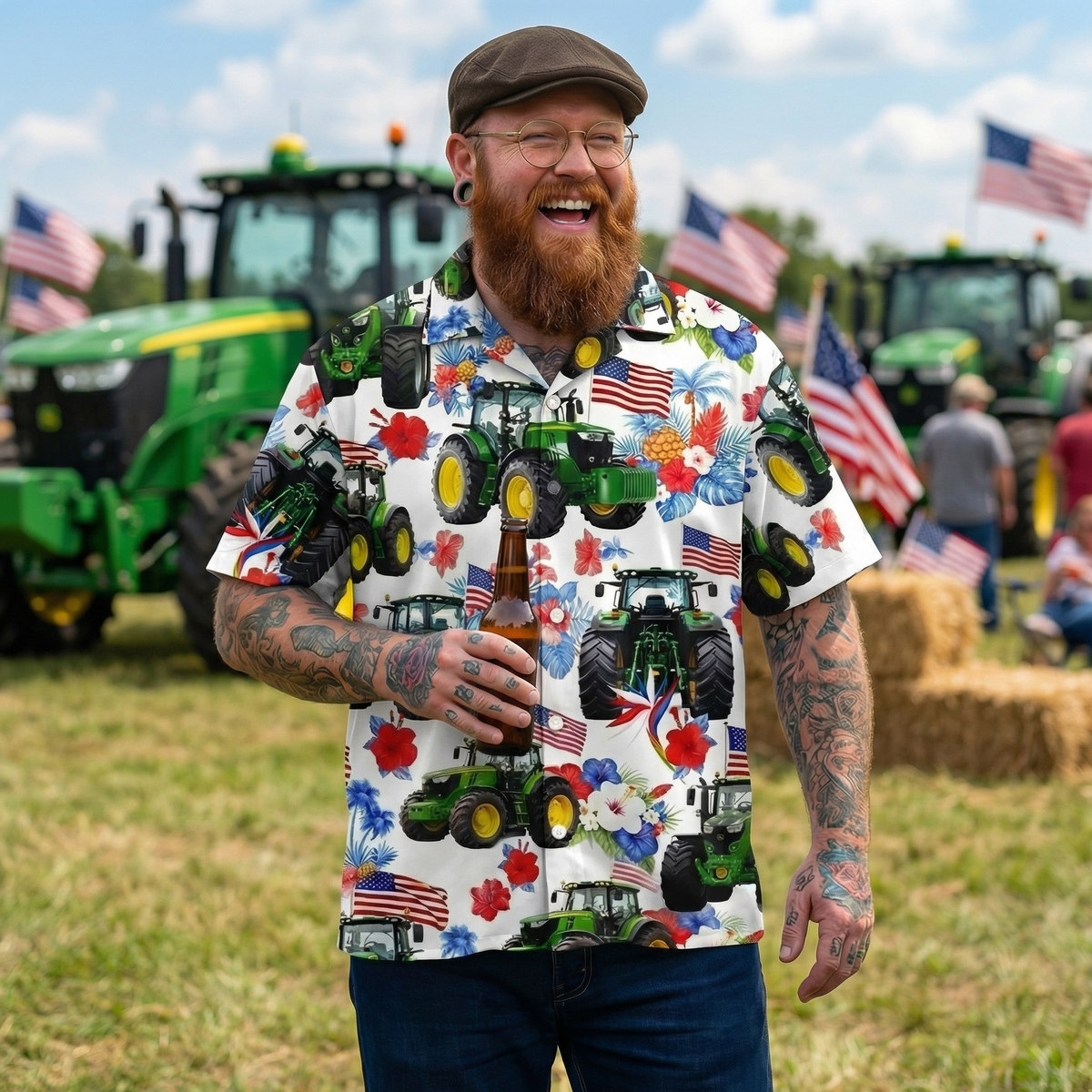 Patriotic Tractor Hawaiian Shirt – American Flag Green Farm Tractor Tropical Aloha | 4th of July Farmer Gift Men Women