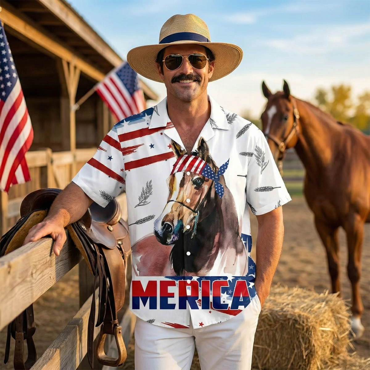 Patriotic Horse Hawaiian Shirt – Merica American Flag Horse Aloha Button Down | 4th of July Horse Lover Gift Men Women