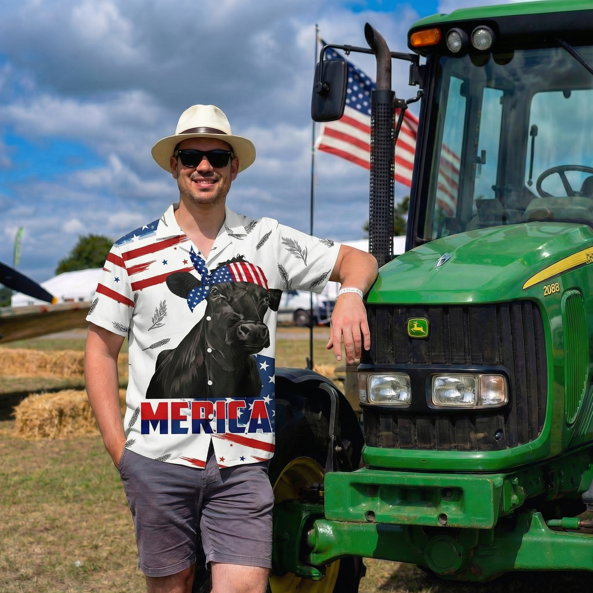 Patriotic Black Angus Hawaiian Shirt – Merica American Flag Cattle Aloha Button Down | 4th of July Cow Farmer Gift Men Women