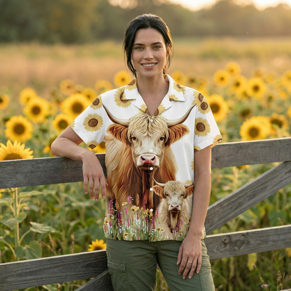 Mama Highland Cow Hawaiian Shirt — Mother & Baby Sunflower Pattern | Farm Mom Gift for Mother's Day