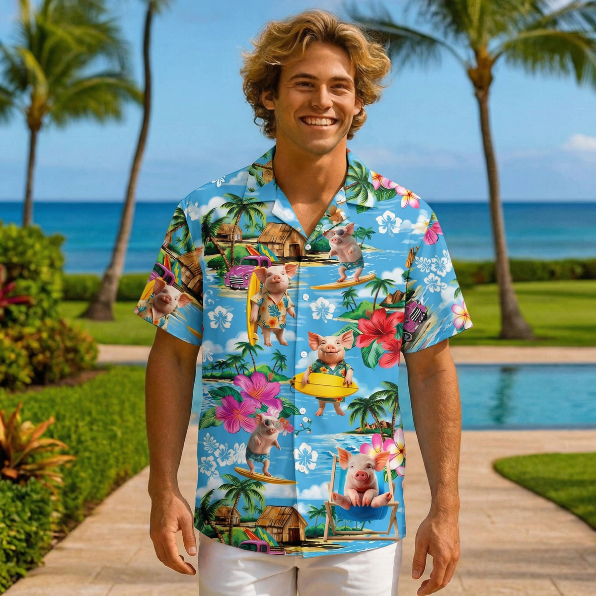 Funny Pig Hawaiian Shirt – Surfing Pig Beach Tropical Aloha Button Down | Cute Pig Lover Gift Men Women