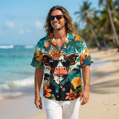 Funny Highland Cow Hawaiian Shirt – Cool Cow Sunglasses Retro Tropical Aloha | Cute Cow Lover Gift Men Women