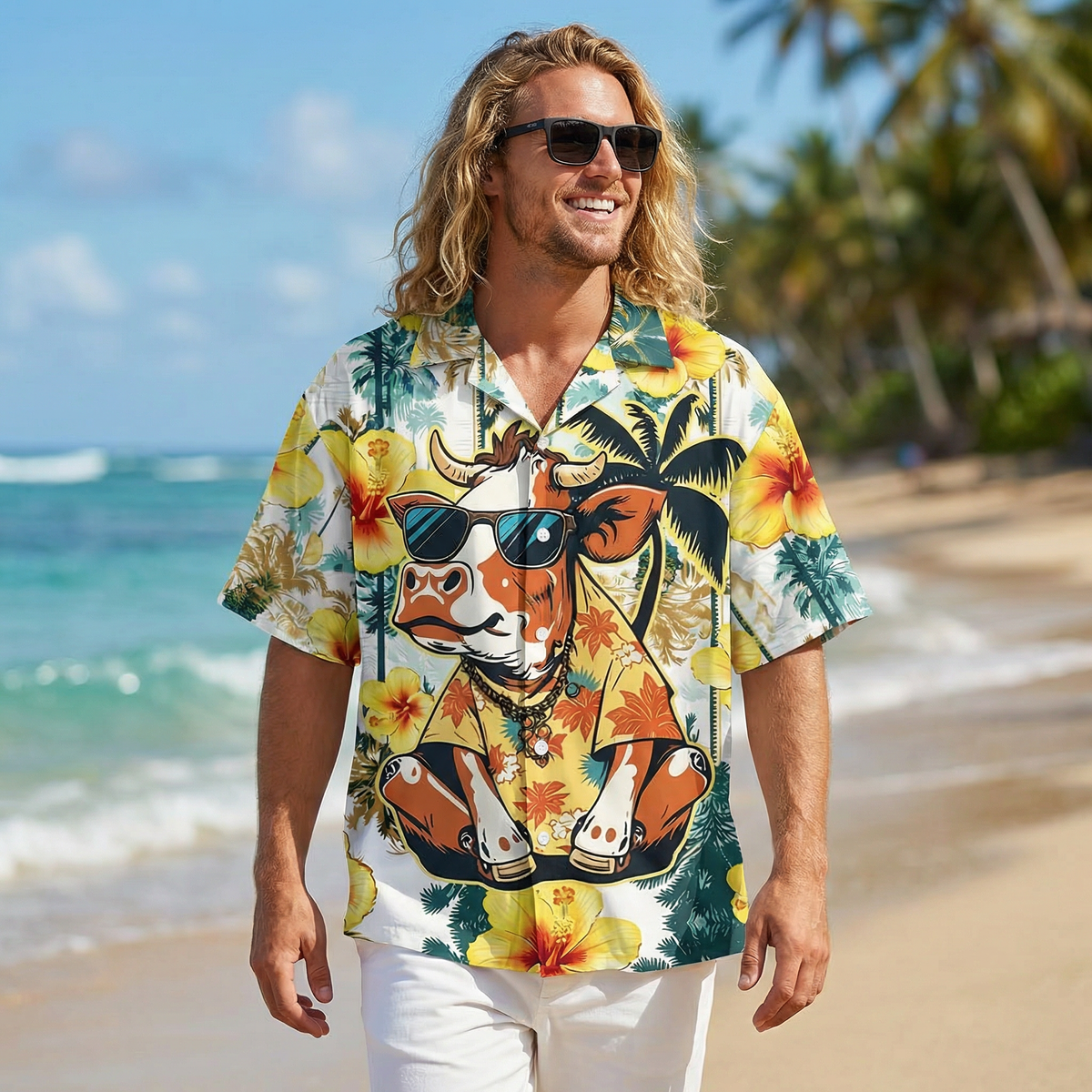 Funny Cow Hawaiian Shirt – Cool Cow Wearing Sunglasses Tropical Hibiscus Aloha | Cute Cow Lover Gift Men Women