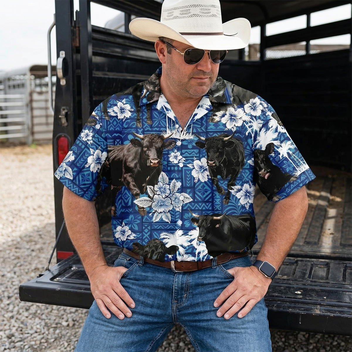 Black Angus Hawaiian Shirt – Blue Tribal Tiki Hibiscus Cattle Aloha Button Down | Cow Farmer Gift Men Women