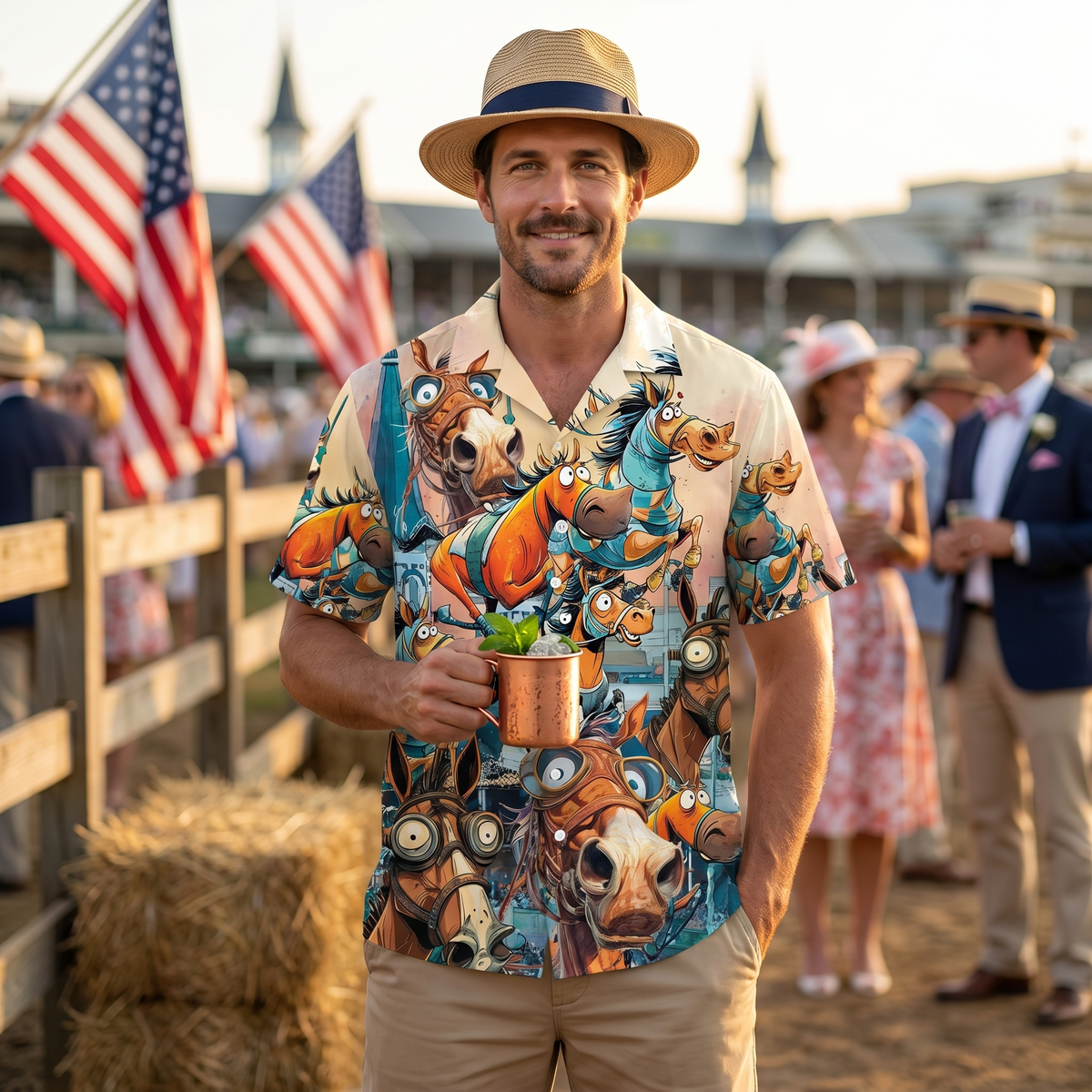 Funny Kentucky Derby Hawaiian Shirt for Men – Crazy Horse Racing Aloha Button Down Shirt, Derby Day Party Outfit, Horse Lover Gift
