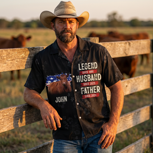 Personalized Red Angus Cattle Hawaiian Shirt for Men - Custom Legend Husband Father USA Flag Gift