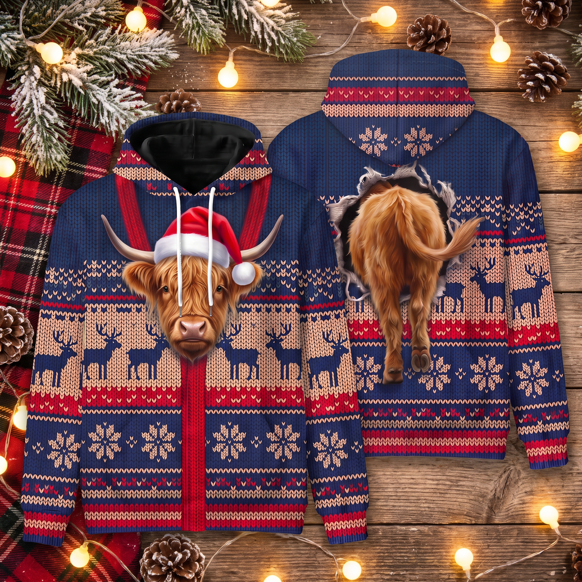 Highland Cow Christmas Hoodie | Funny Santa Cow Faux-Knit Print Hoodie | Farm Animal Christmas Gift