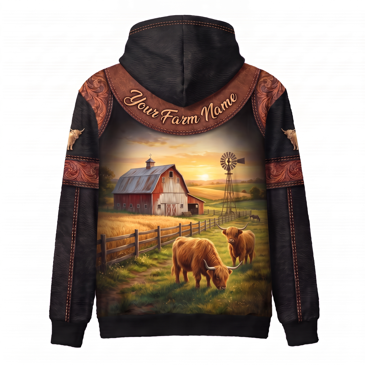 3D Print Highland Cow Ranch Hoodie (Faux Leather Design) - Custom Name & Farm Name Western Style Hoodie