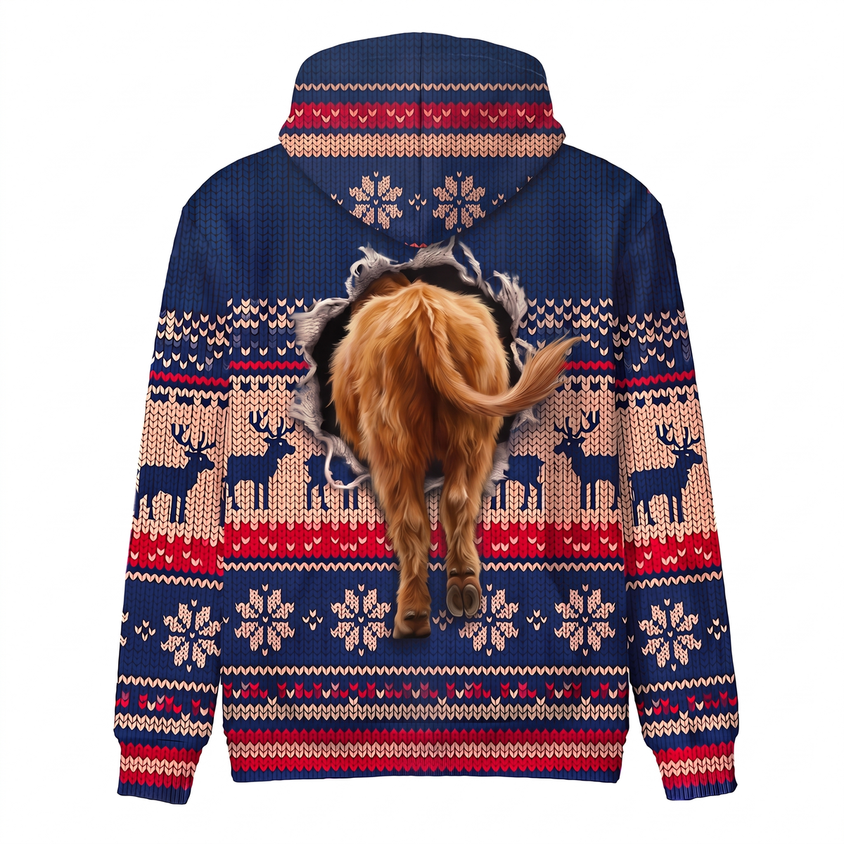 Highland Cow Christmas Hoodie | Funny Santa Cow Faux-Knit Print Hoodie | Farm Animal Christmas Gift