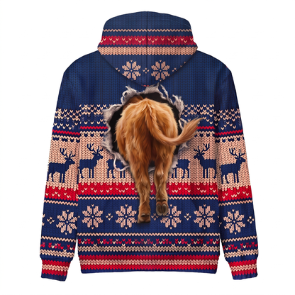 Highland Cow Christmas Hoodie | Funny Santa Cow Faux-Knit Print Hoodie | Farm Animal Christmas Gift