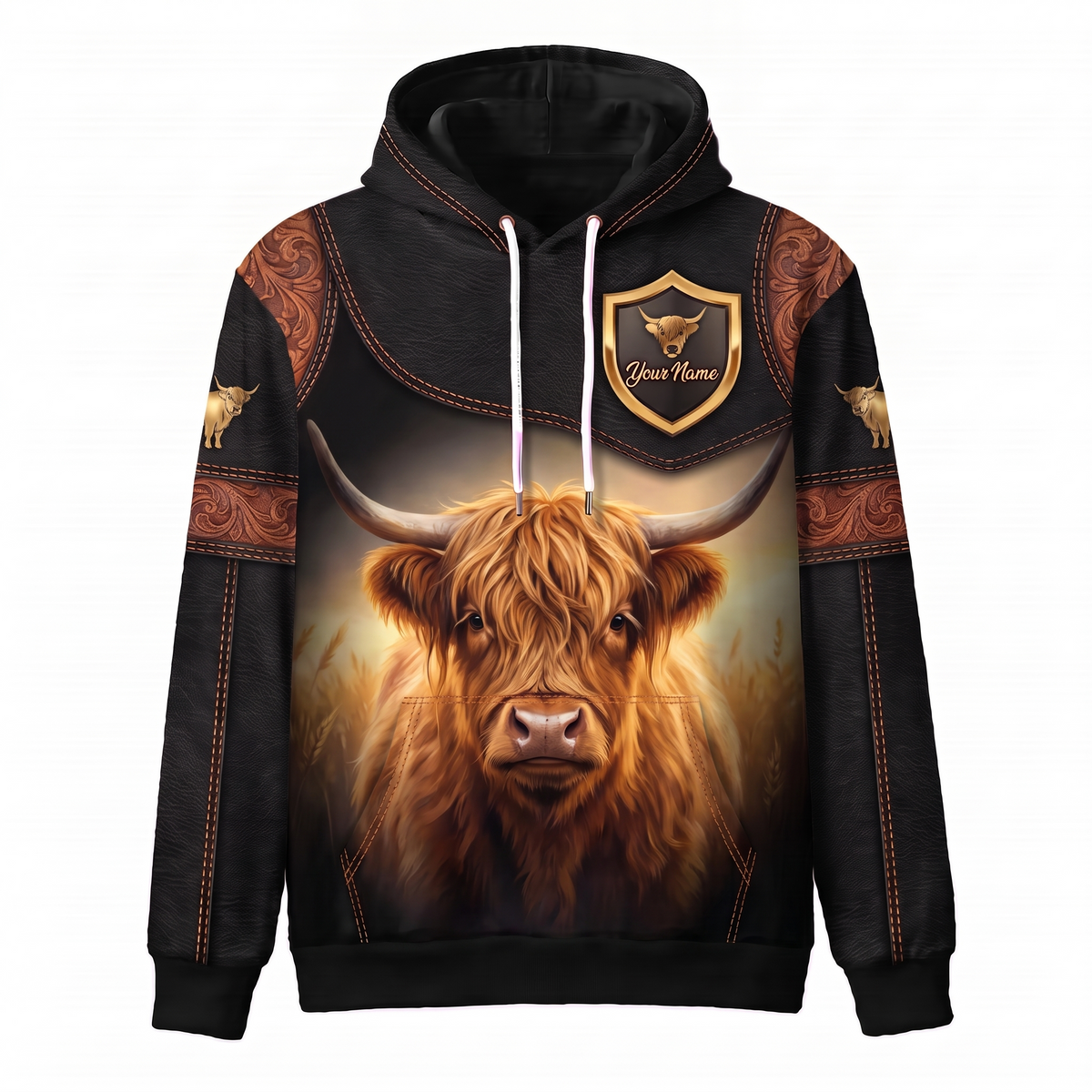 3D Print Highland Cow Ranch Hoodie (Faux Leather Design) - Custom Name & Farm Name Western Style Hoodie