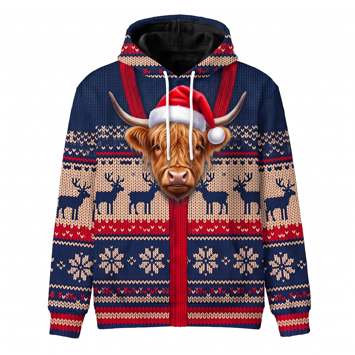 Highland Cow Christmas Hoodie | Funny Santa Cow Faux-Knit Print Hoodie | Farm Animal Christmas Gift
