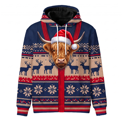 Highland Cow Christmas Hoodie | Funny Santa Cow Faux-Knit Print Hoodie | Farm Animal Christmas Gift