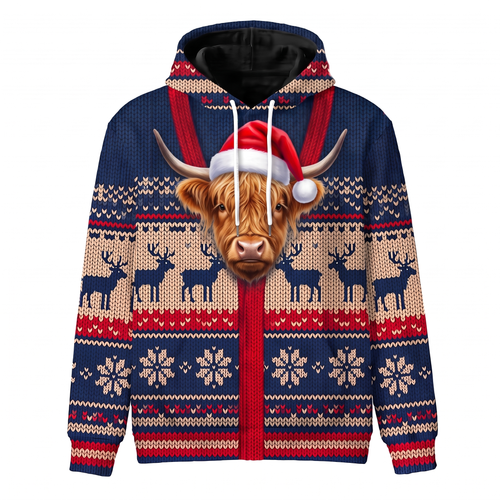 Highland Cow Christmas Hoodie | Funny Santa Cow Faux-Knit Print Hoodie | Farm Animal Christmas Gift