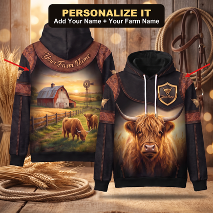 3D Print Highland Cow Ranch Hoodie (Faux Leather Design) - Custom Name & Farm Name Western Style Hoodie