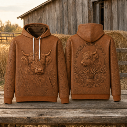 Highland Cow Hoodie – Rustic 3D Effect Print, Caramel Brown