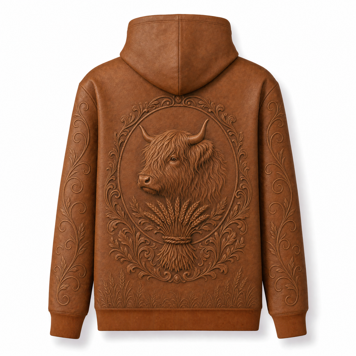 Highland Cow Hoodie – Rustic 3D Effect Print, Caramel Brown