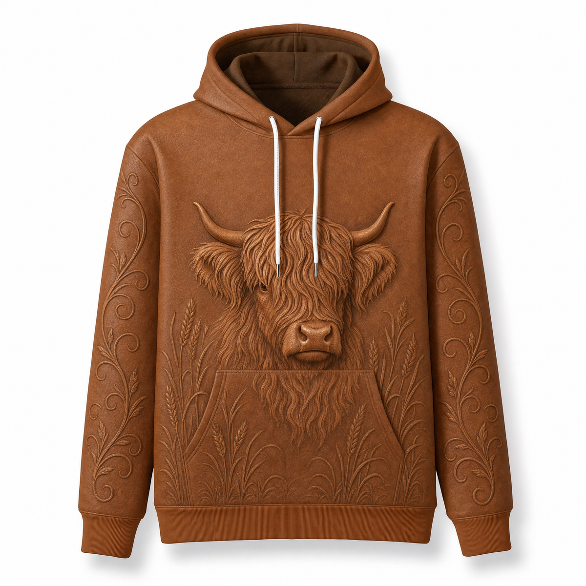 Highland Cow Hoodie – Rustic 3D Effect Print, Caramel Brown