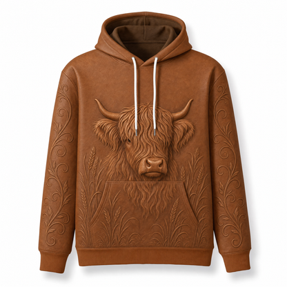 Highland Cow Hoodie – Rustic 3D Effect Print, Caramel Brown