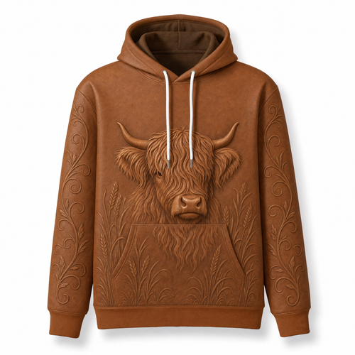 Highland Cow Hoodie – Rustic 3D Effect Print, Caramel Brown