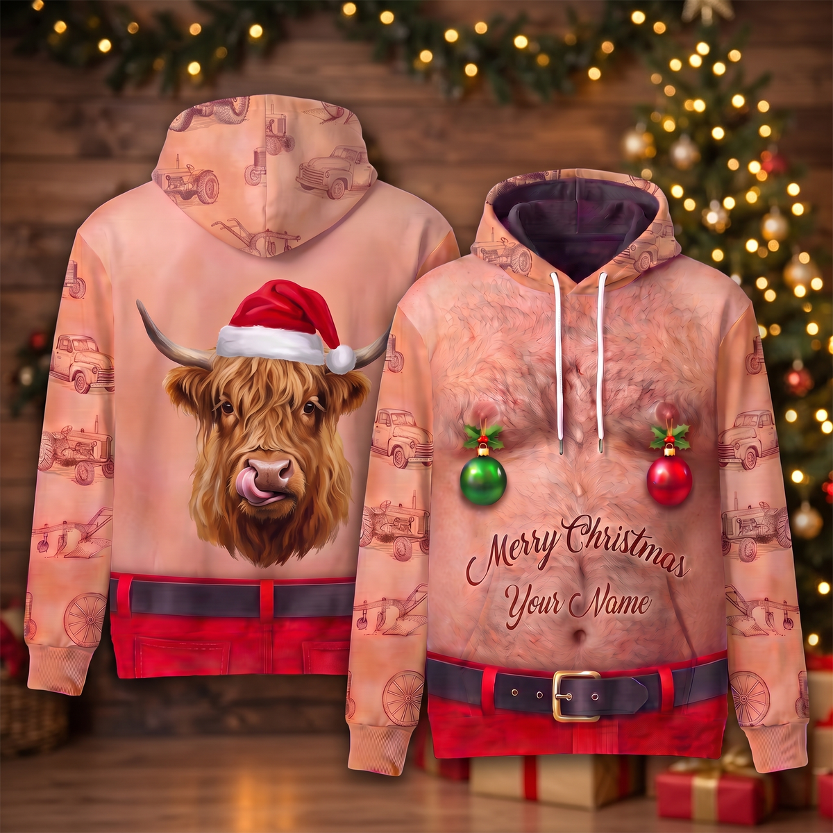 Funny Santa Highland Cow Hairy Belly Hoodie - Custom Name Fluffy Cow Christmas Hoodie