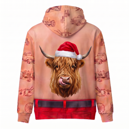 Funny Santa Highland Cow Hairy Belly Hoodie - Custom Name Fluffy Cow Christmas Hoodie