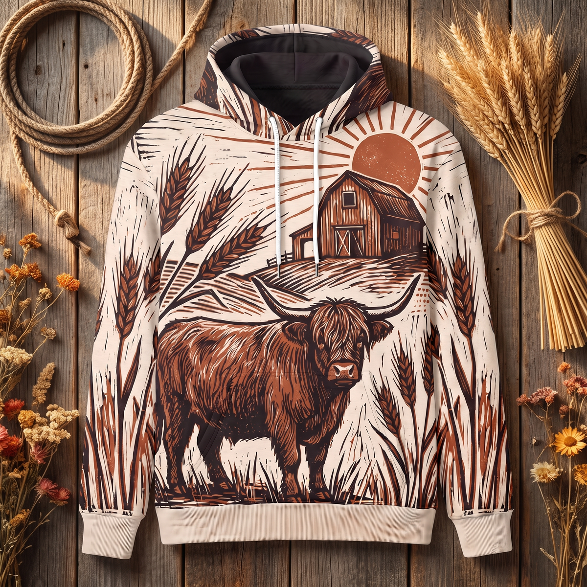 Highland Cow Woodcut Hoodie | Vintage Farmhouse Barn Sweatshirt | Rustic Farm Gift