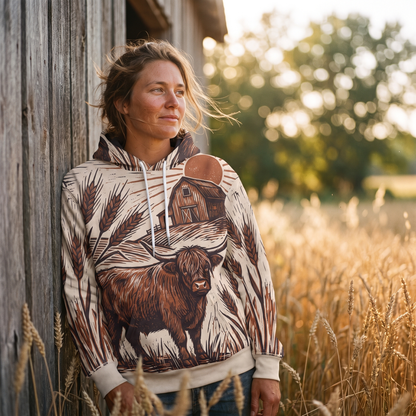 Highland Cow Woodcut Hoodie | Vintage Farmhouse Barn Sweatshirt | Rustic Farm Gift