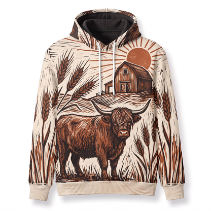 Highland Cow Woodcut Hoodie | Vintage Farmhouse Barn Sweatshirt | Rustic Farm Gift