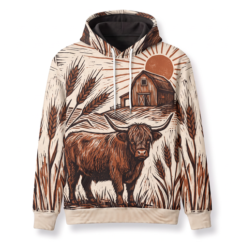 Highland Cow Woodcut Hoodie | Vintage Farmhouse Barn Sweatshirt | Rustic Farm Gift